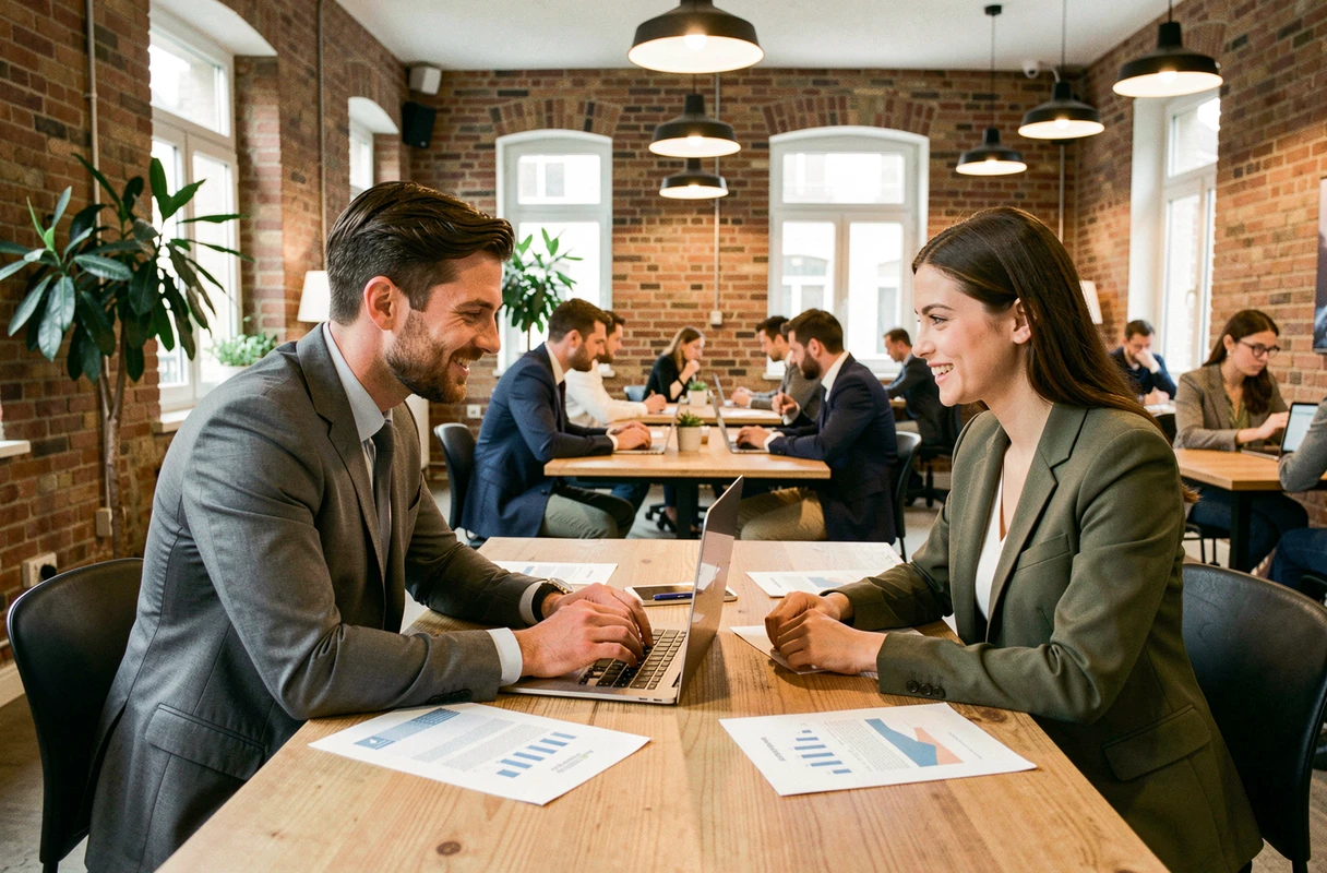 Deux entrepreneurs français collaborant sur une stratégie de croissance dans un espace de coworking moderne en 2024