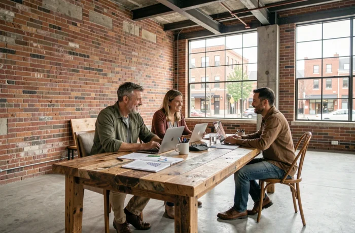 Entrepreneurs locaux réunis dans un espace de coworking aménagé dans un entrepôt industriel rénové discutant de projets économiques
