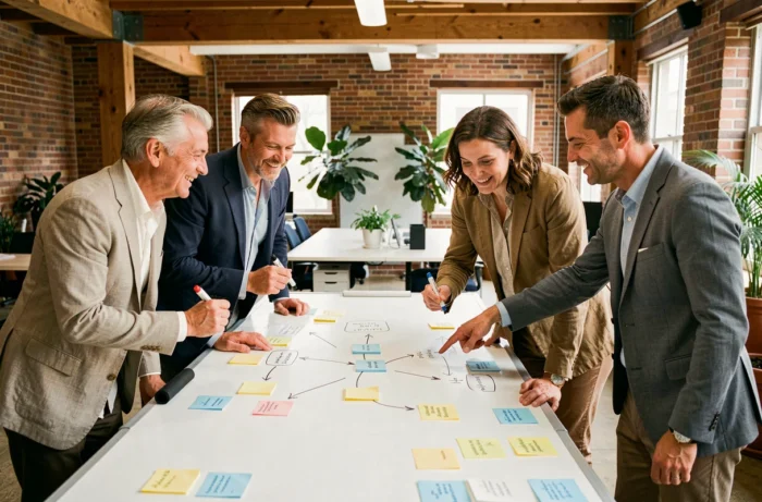 Équipe de professionnels collaborant autour d'un tableau blanc dans un bureau moderne pour cultiver l'esprit d'entreprise