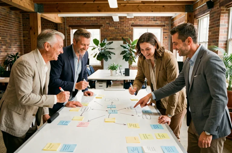 Équipe de professionnels collaborant autour d'un tableau blanc dans un bureau moderne pour cultiver l'esprit d'entreprise