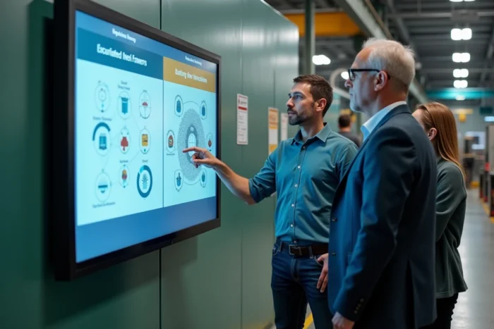 Équipe de professionnels en usine discutant des différences entre les systèmes de management ISO 50001 et ISO 14001 sur un écran interactif