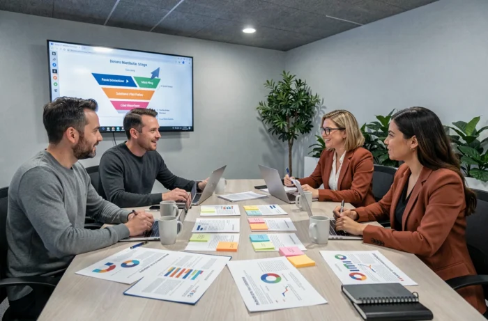 Équipe marketing en réunion autour d'une table avec des documents représentant les 8P de la stratégie marketing