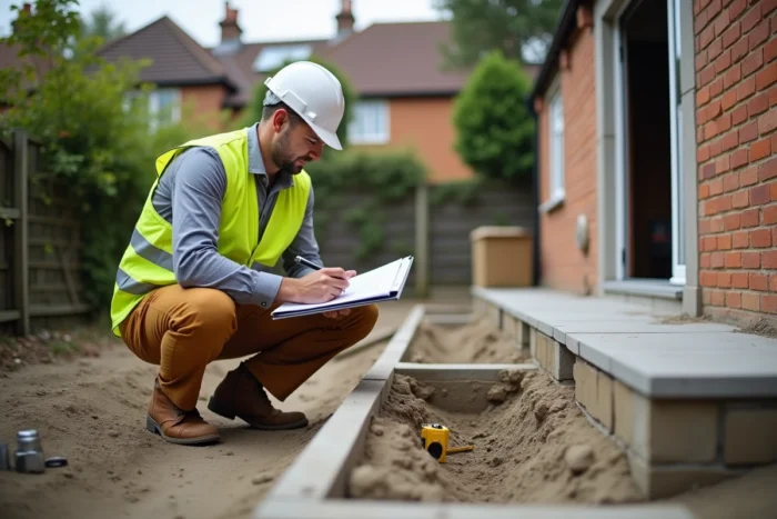 Estimateur en chantier évaluant le coût d'une extension de maison en cours de construction