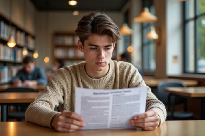 Étudiant consultant les documents officiels des étapes du bac 2026 Cyclades à la bibliothèque