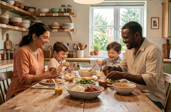 Famille multiculturelle réunie autour d'une grande table en bois pour préparer un repas mêlant traditions culinaires d'origines diverses