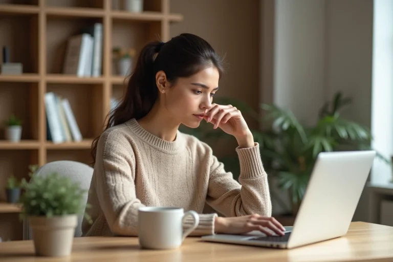 Femme consultant les tarifs d'un abonnement Luvly sur un ordinateur portable dans un bureau à domicile
