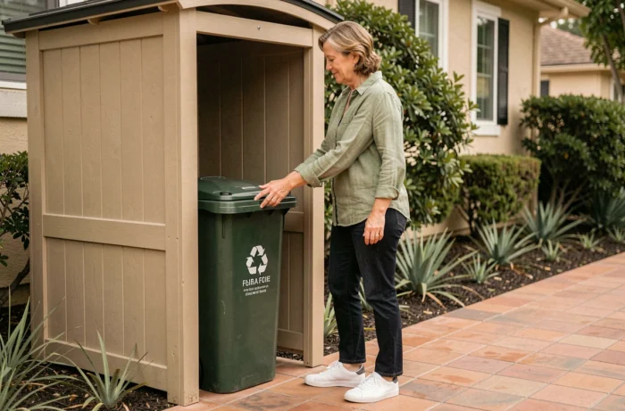 Femme rangeant un bac de recyclage dans un abri poubelle en bois beige près de son entrée de maison