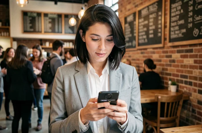 Femme consultant les actualités crypto sur son smartphone dans un café urbain animé