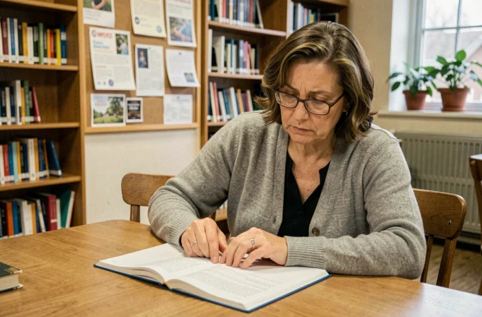 Femme adulte apprenant à lire dans une bibliothèque communautaire, lutte contre l'illettrisme
