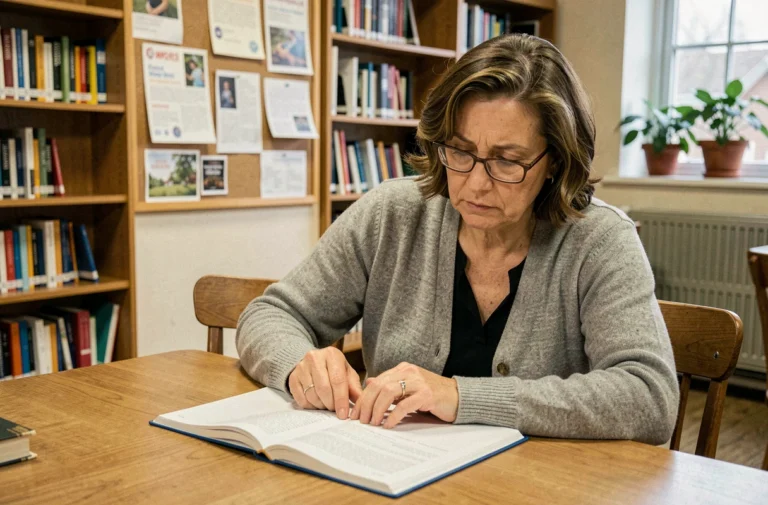 Femme adulte apprenant à lire dans une bibliothèque communautaire, lutte contre l'illettrisme