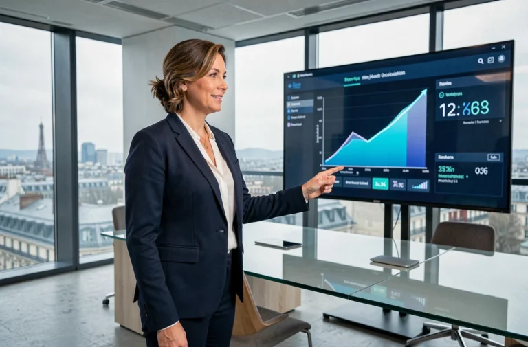 Femme d'affaires française présentant des graphiques de croissance économique dans une salle de réunion moderne à Paris en 2024