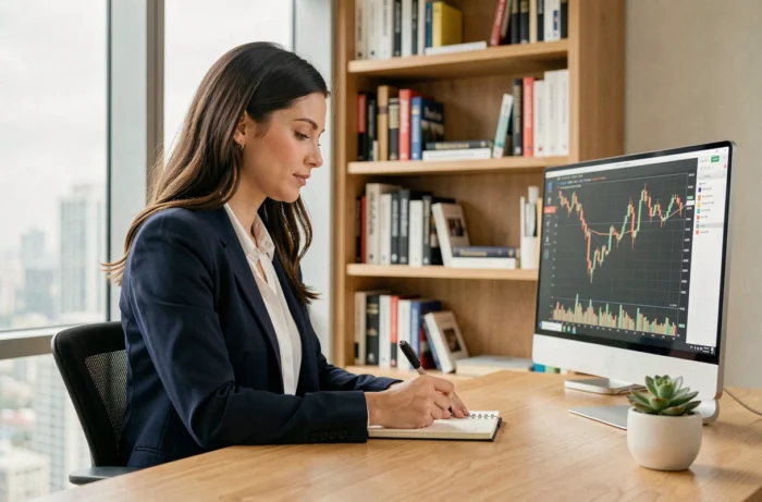 Femme analyste financière étudiant des graphiques boursiers sur un écran dans un bureau moderne pour débuter en bourse