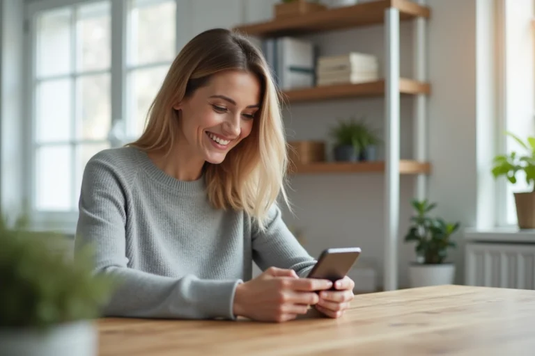 Femme utilisant une application de communication sur smartphone dans un bureau moderne à domicile