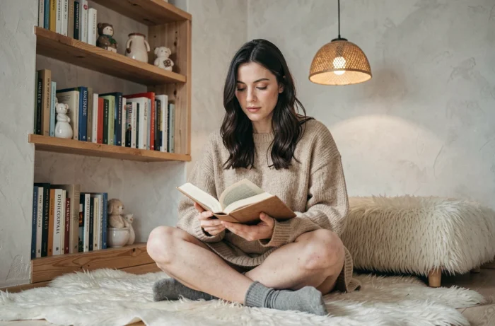 Femme dans un coin lecture scandinave avec bibliothèque en bois, décoration intérieure cocooning