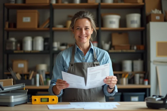 Femme comparant des devis de location d'outils dans un atelier de bricolage à domicile