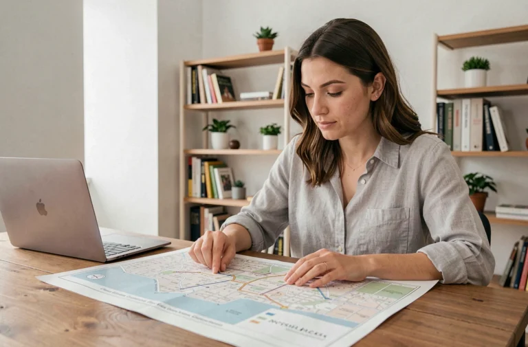 Femme consultant un plan de site imprimé sur papier à son bureau en bois dans un bureau moderne