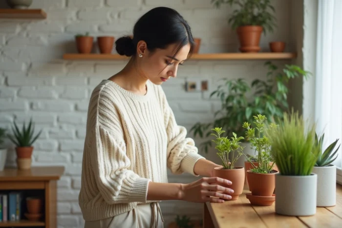 Femme arrangeant des plantes en pot sur une étagère en bois dans un intérieur minimaliste et apaisant