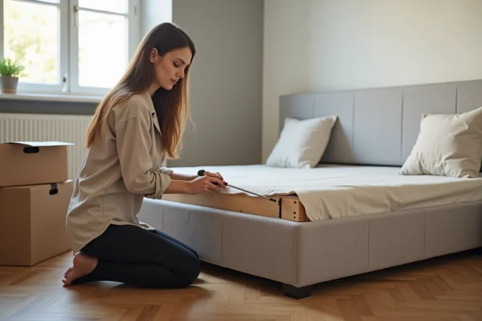 Femme retirant les équerres d'un sommier tapissier avec un tournevis, châssis bois visible