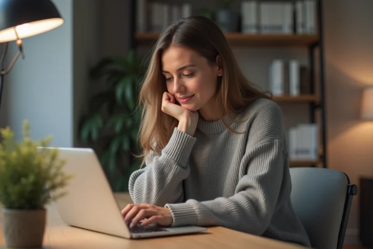 Femme concentrée utilisant une plateforme de dialogue en ligne sur son ordinateur portable dans un bureau à domicile moderne