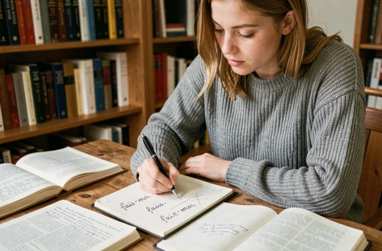 Jeune femme étudiant les règles d'orthographe de fais-moi et fait-moi dans un cahier de grammaire française
