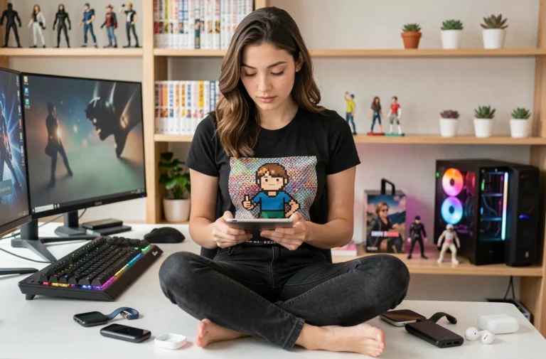 Jeune femme geek dans son bureau high-tech entourée d'écrans, gadgets et figurines de collection