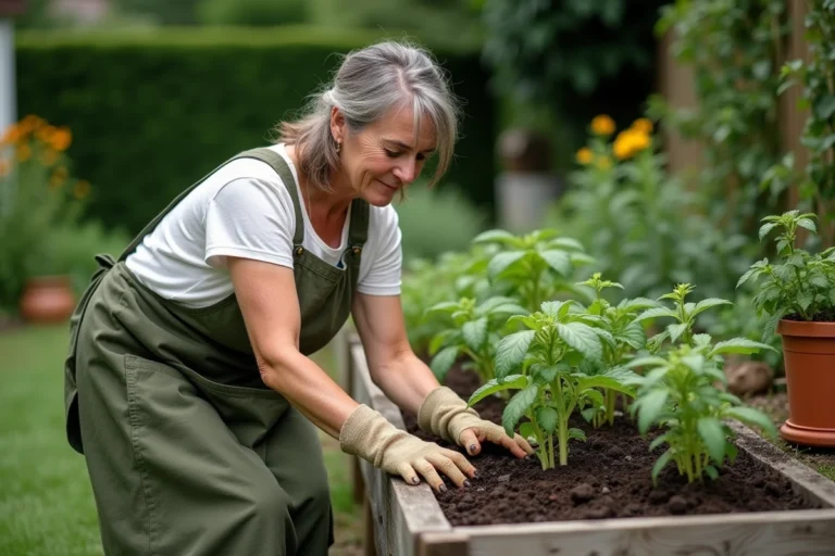 Femme jardinant dans un potager bio surélevé en bois, apportant du compost au pied de plants de tomates et de basilic