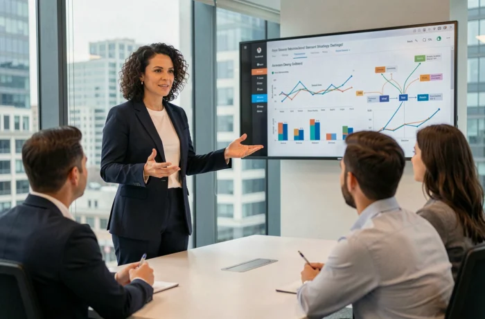 Femme leader présentant une stratégie d'entreprise innovante à son équipe dans une salle de réunion moderne