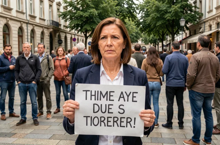 Une femme déterminée tenant une pancarte manuscrite lors d'un rassemblement citoyen sur une place publique européenne, symbole de la défense des libertés individuelles