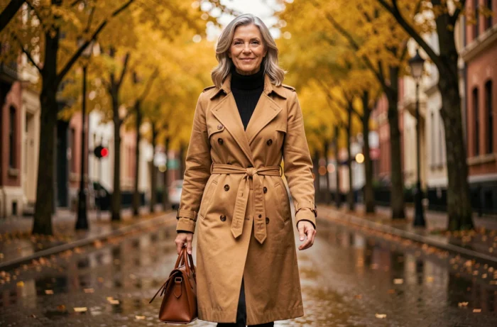 Femme mature en trench coat camel marchant sur une rue parisienne mouillée en automne, allure chic et intemporelle