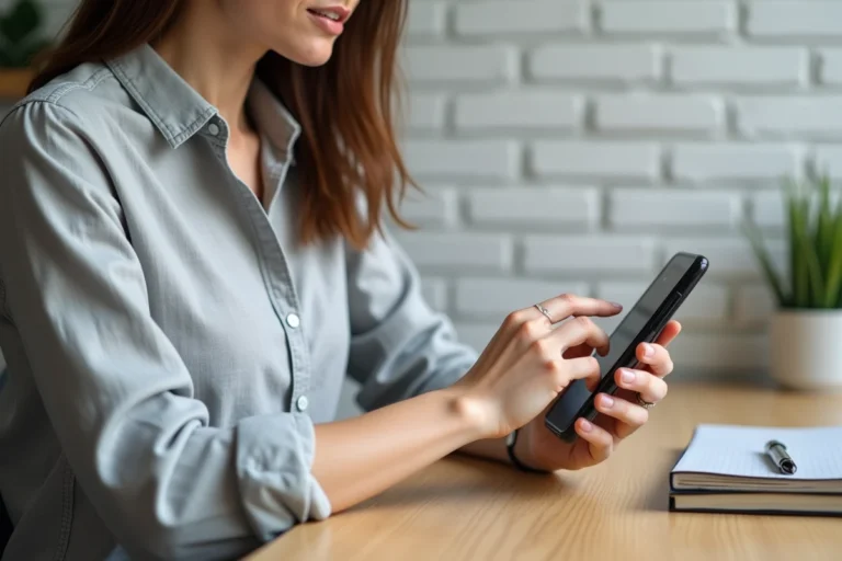 Femme optimisant les paramètres de son Google Pixel 8a dans un bureau minimaliste