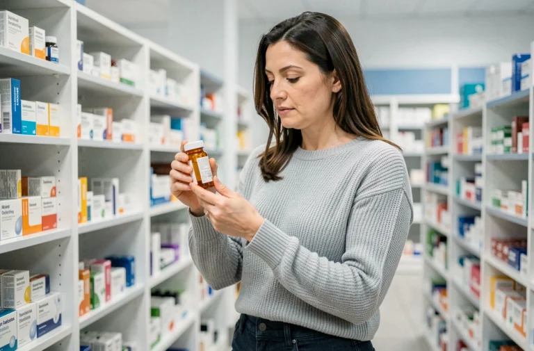 Femme examinant un médicament Safralite en pharmacie pour comprendre ses effets sur le poids