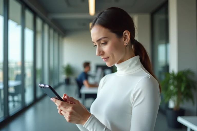 Femme tenant un smartphone pliable dans un bureau technologique moderne, illustrant les dernières innovations en téléphonie mobile