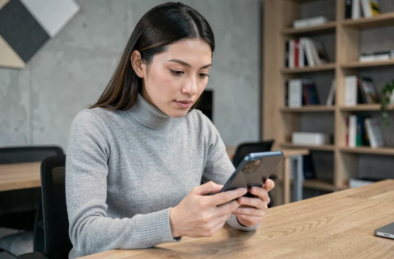 Femme professionnelle découvrant un smartphone pliable dans un espace de travail high-tech moderne