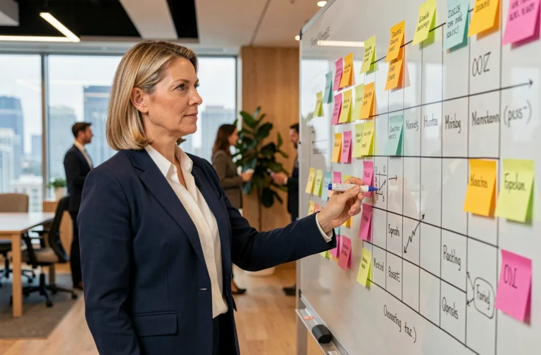 Femme professionnelle pointant un tableau blanc avec les 8 étapes d'une stratégie marketing dans un bureau moderne