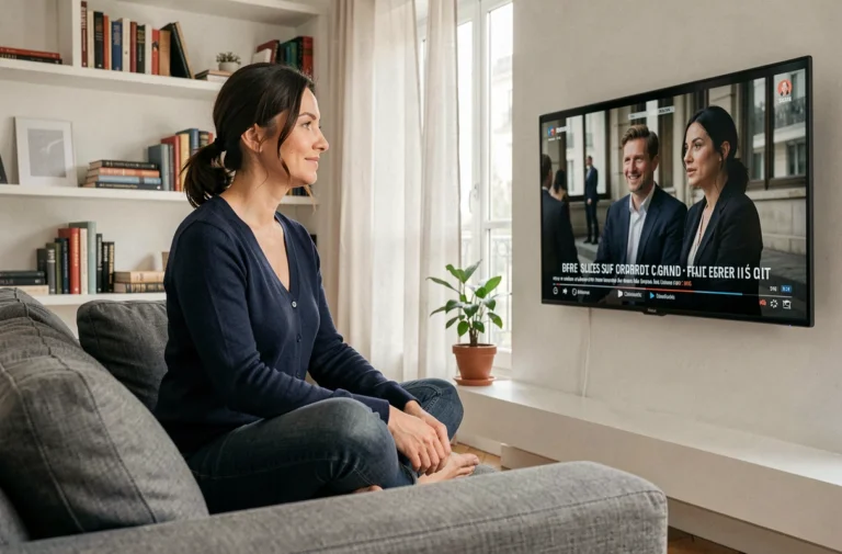 Femme regardant Plus Belle la Vie en streaming sur sa télévision dans un salon moderne