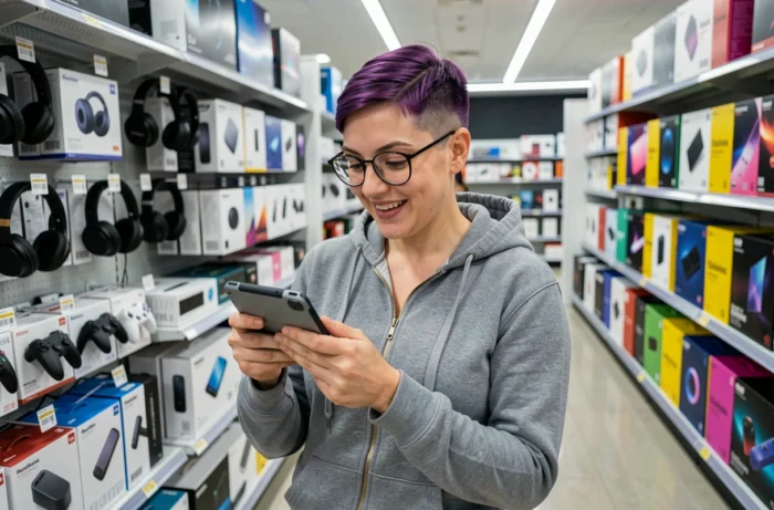 Femme passionnée de technologie testant une console portable dans un magasin d'électronique