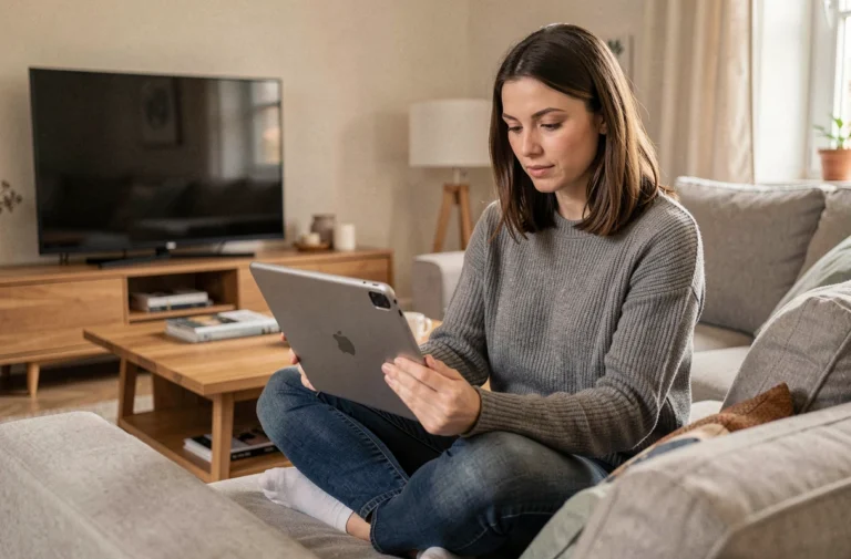 Femme regardant la TNT gratuitement sur une tablette dans son salon moderne