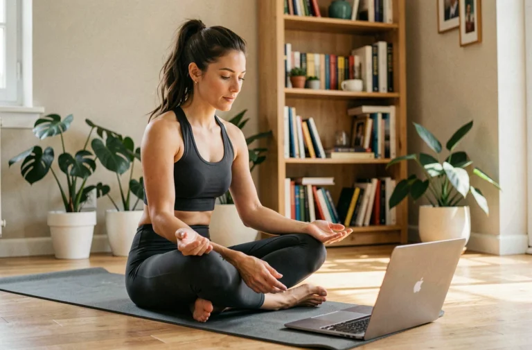 Femme pratiquant le yoga en ligne dans son salon, suivant un cours sur son ordinateur portable posé sur un tapis de yoga