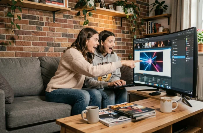 Deux femmes geek partageant une découverte high-tech ensemble dans un salon moderne