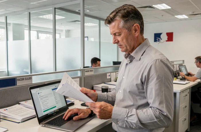 Fonctionnaire masculin consultant ses emails professionnels Mélanie sur un ordinateur portable dans un espace de travail ministériel