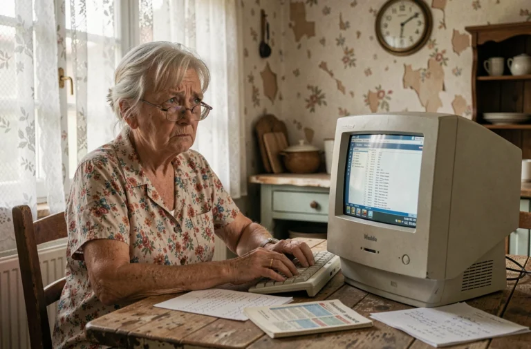 Une femme âgée en milieu rural face à un ordinateur, illustrant la fracture numérique en France