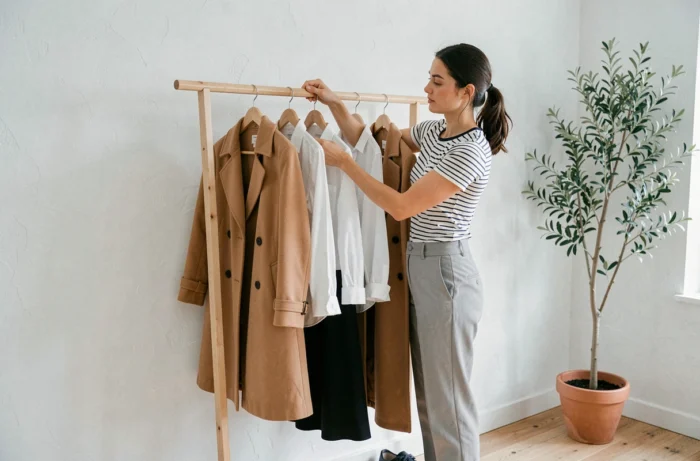 Jeune femme organisant une garde-robe capsule chic sur un portant en bois dans un appartement scandinave minimaliste