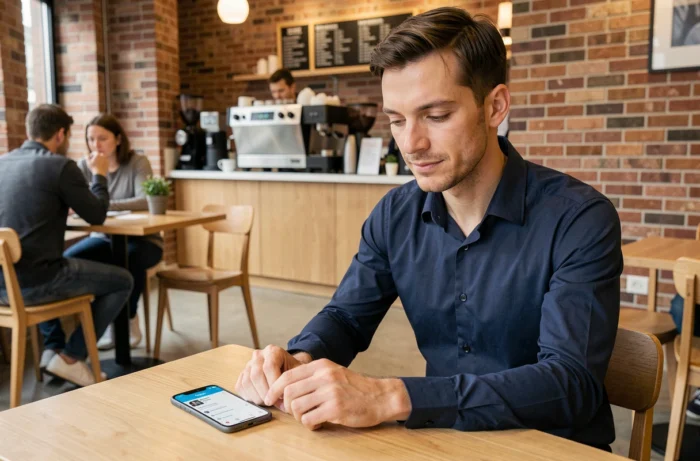 Homme gérant ses abonnements Instagram depuis son smartphone dans un café moderne