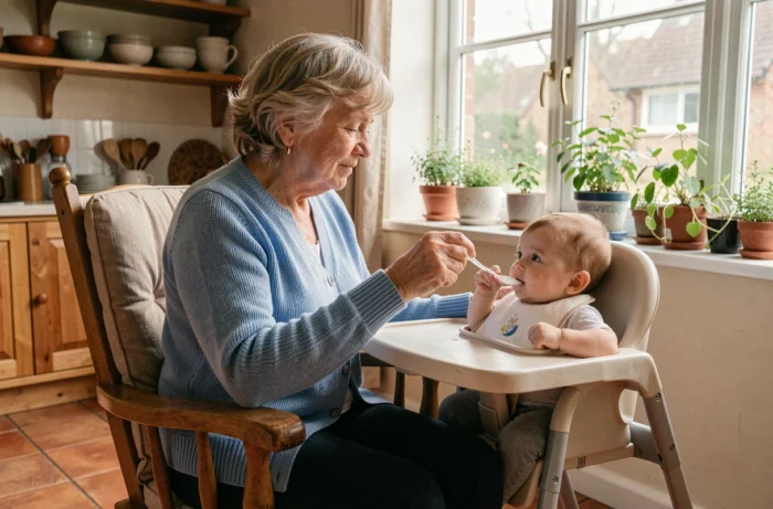 Grand-mère nourrissant son petit-enfant de six mois à la cuillère dans une cuisine chaleureuse aux tons terracotta