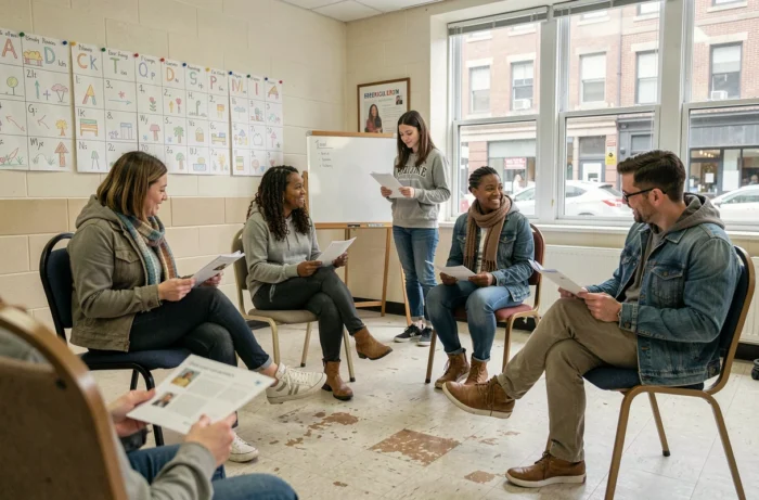 Groupe d'adultes participant à un atelier collectif de lutte contre l'illettrisme en milieu urbain