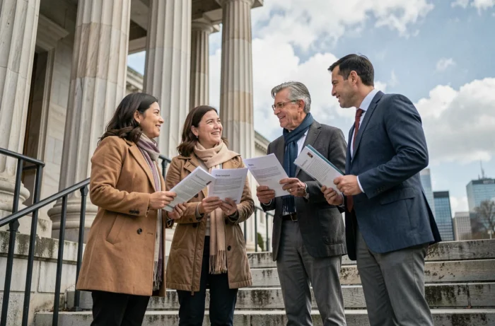 Un groupe diversifié de citoyens adultes discutant sur les marches d'un bâtiment institutionnel, représentant l'engagement collectif pour la protection des libertés individuelles et civiques