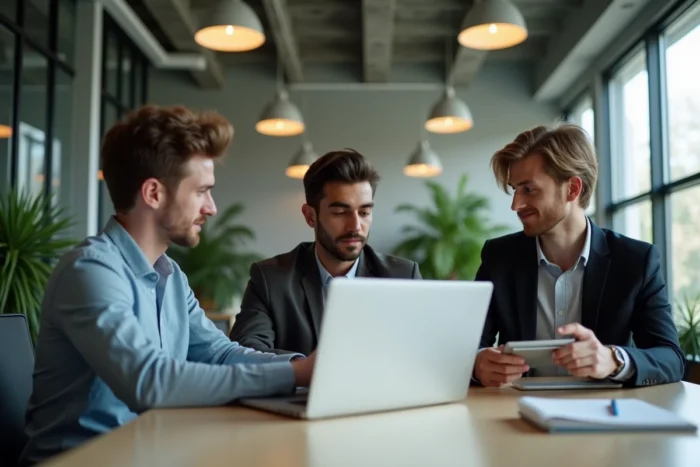 Groupe de professionnels collaborant sur des plateformes de dialogue en ligne dans un bureau moderne et ouvert