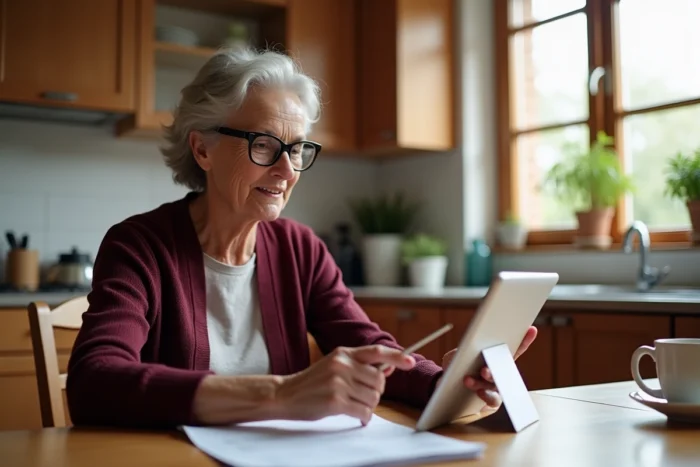 Femme senior suivant un guide pas à pas pour accéder à son compte CA 22 sur tablette dans la cuisine