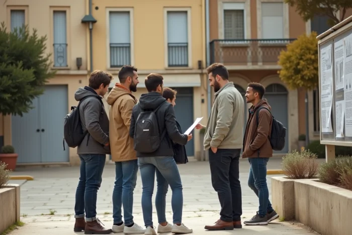 Habitants du 9e arrondissement de Marseille devant un panneau d'affichage communautaire dans une place de quartier