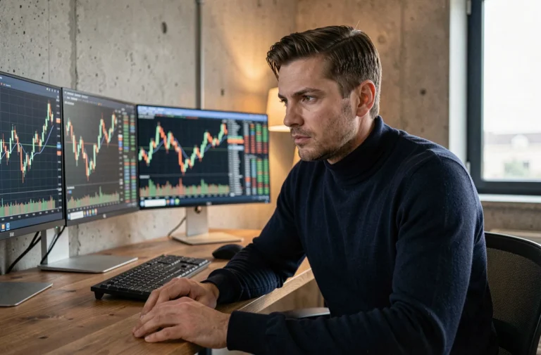Homme analysant des graphiques de cryptomonnaies sur plusieurs écrans dans un bureau moderne
